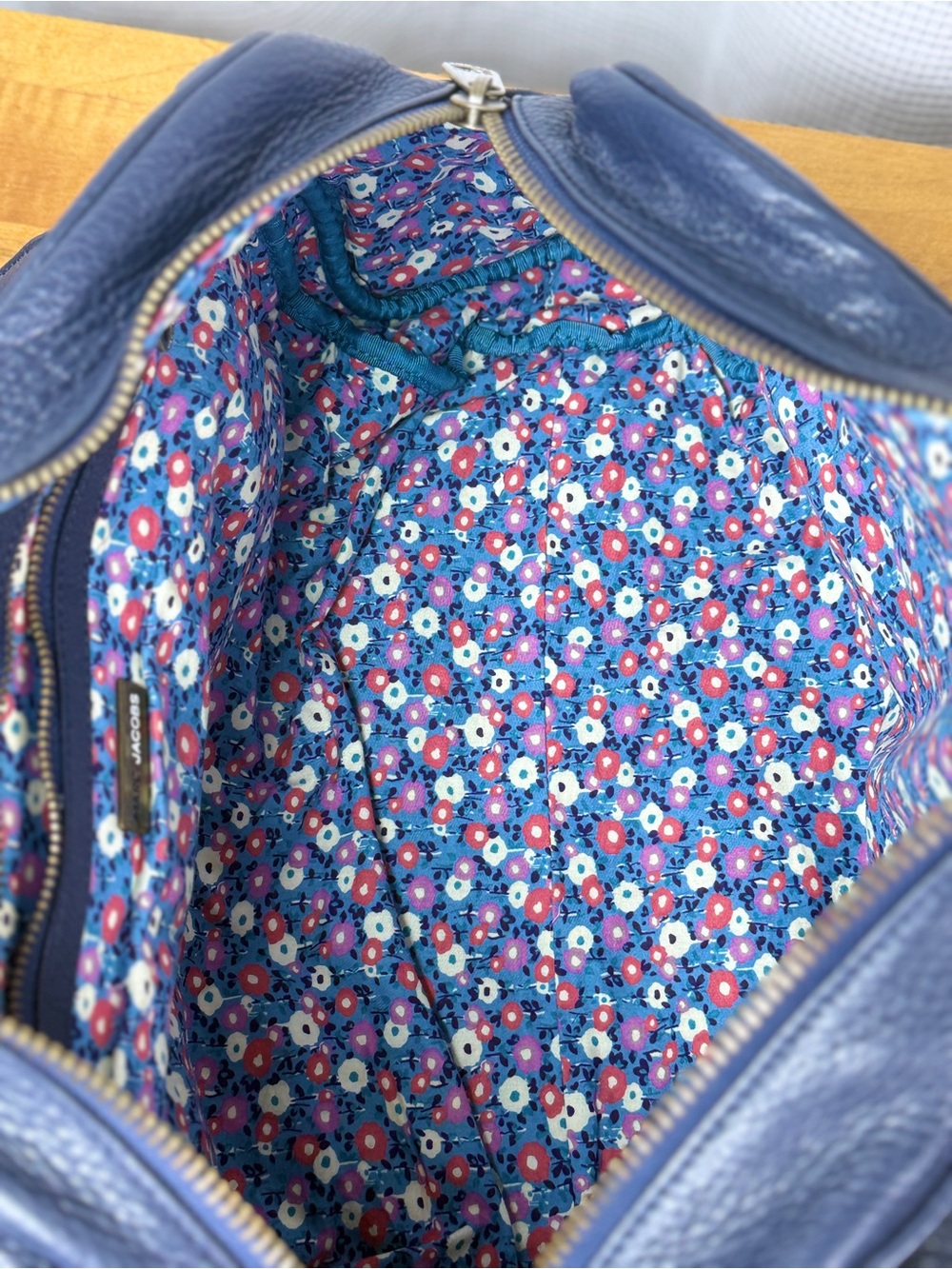 Marc Jacobs Vintage Y2K Navy Leather Satchel Shoulder Bag with Floral Lining EUC - Picture 11 of 14